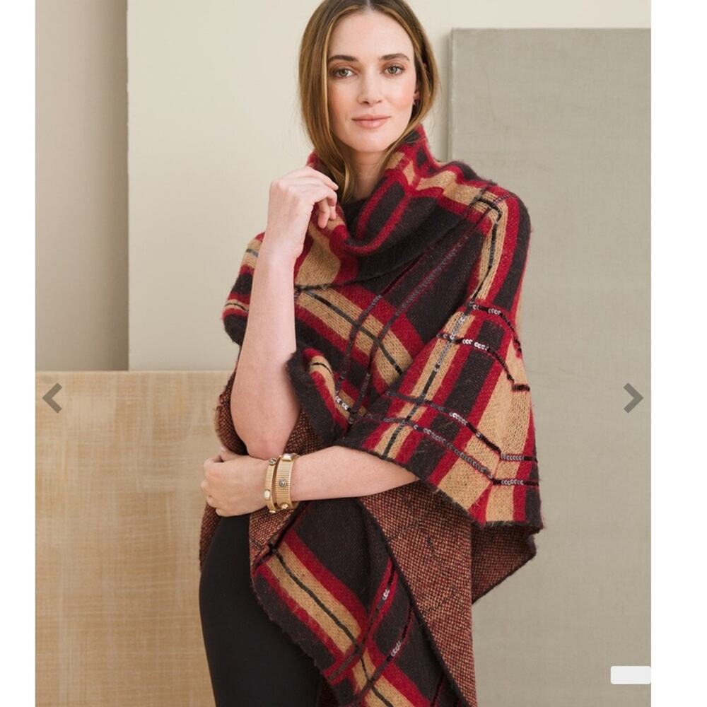 Chico's Plaid Sequined Embellished Cowl Neck Poncho Size S/M